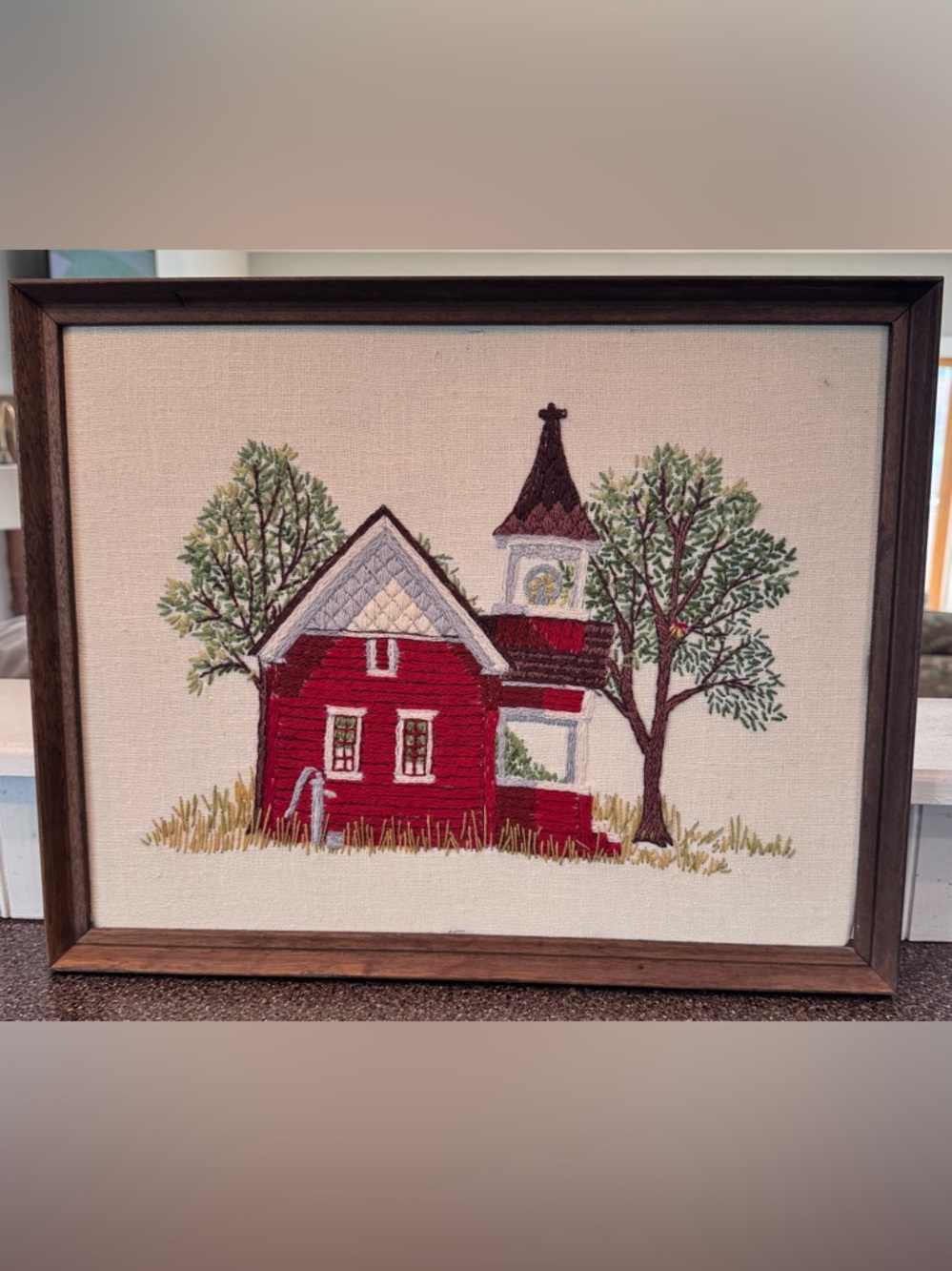 Vintage 1970s crewel embroidery "The Little Red Schoolhouse"